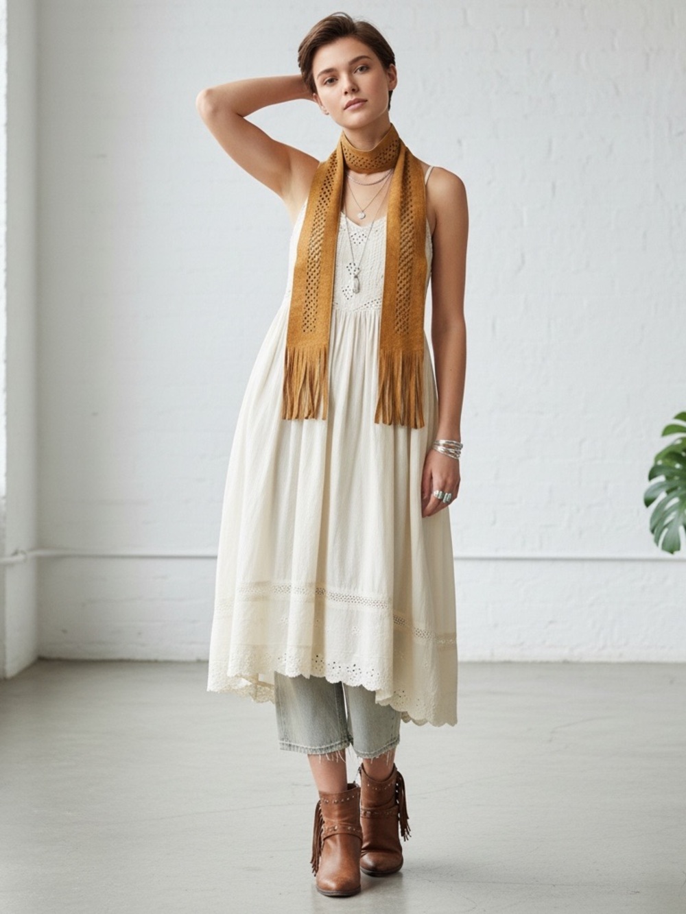 Brown Hippie Boho Fringed Faux Suede Scarf